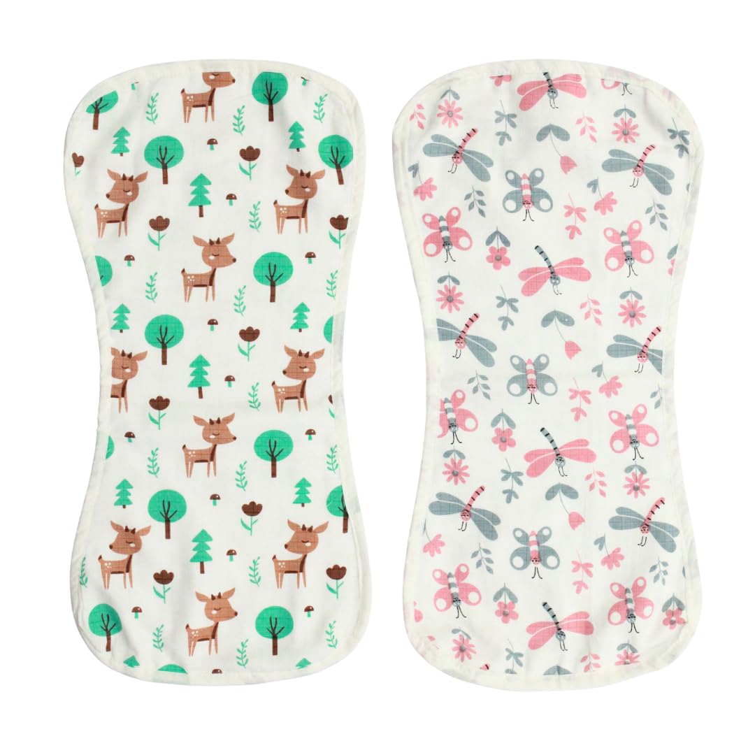BIGMOON 100% Cotton Muslin Deer & fly Burp Cloth(3 Layer) - Pack of 2 | Size: 26 x 53 cm (10.5 x 21 inches)
