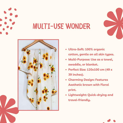 100% Organic muslin sunflower Bath Towel 120x100 cm (49 x 39 Inches)