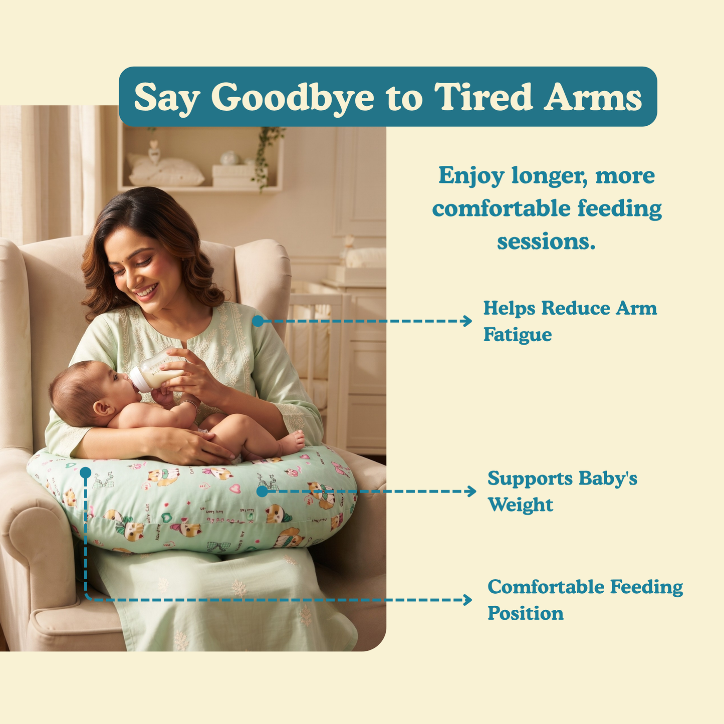 Kitty Bloom Premium Cotton Nursing Pillow for Newborn Baby | Breastfeeding & Feeding Support Cushion | 0–12 Months