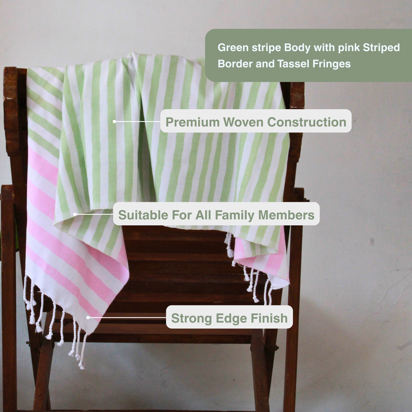 Premium Cotton Bath Towel 150 x 75 cm | Pack of 1 (Green with Pink stripes)