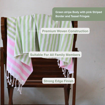 Premium Cotton Bath Towel 150 x 75 cm | Pack of 1 (Green with Pink stripes)
