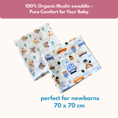Car & Teddy Bear 100% GOTS Certified | Double Layer Muslin Swaddle (70 x 70 cm, Pack of 2)