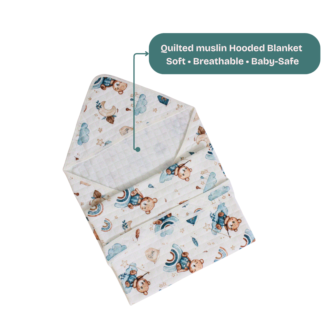 Dreamy Teddy Print – Muslin Quilted Hooded Blanket with Belt | 85 x 85 cm | Pack of 1