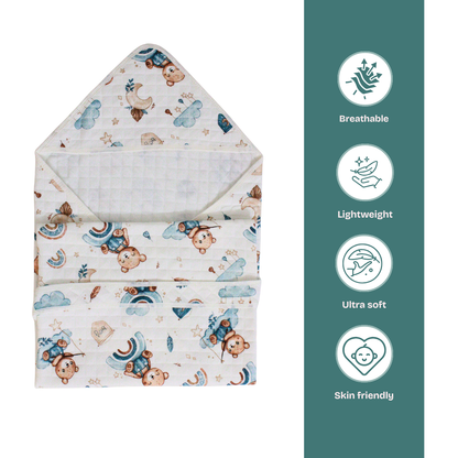 Dreamy Teddy Print – Muslin Quilted Hooded Blanket with Belt | 85 x 85 cm | Pack of 1