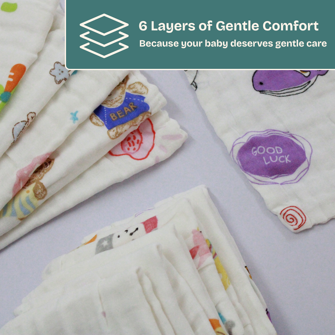 100% Muslin 6 Layer Crinkled Baby Wipes 10x10 Inch - Pack of 6