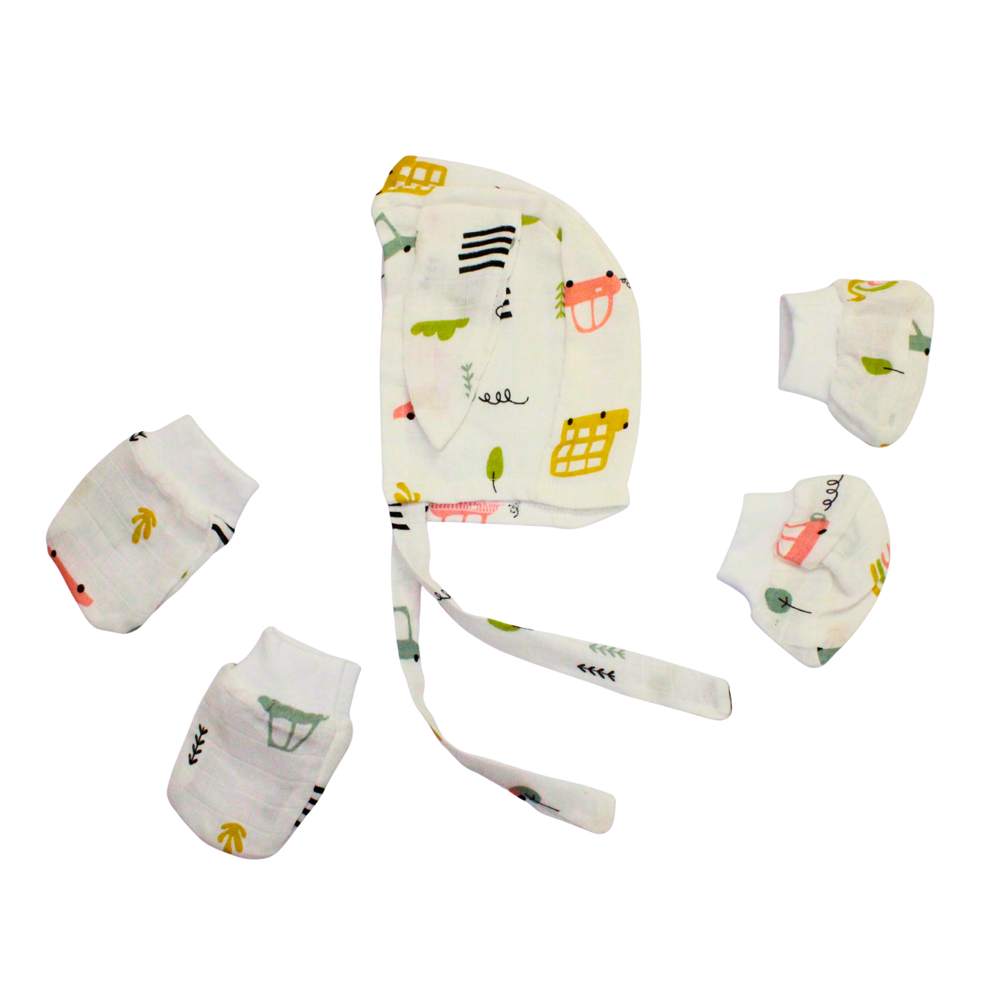 Newborn Muslin Cap, Mittens & Booties Set (Safari Doodle Print, combo set)