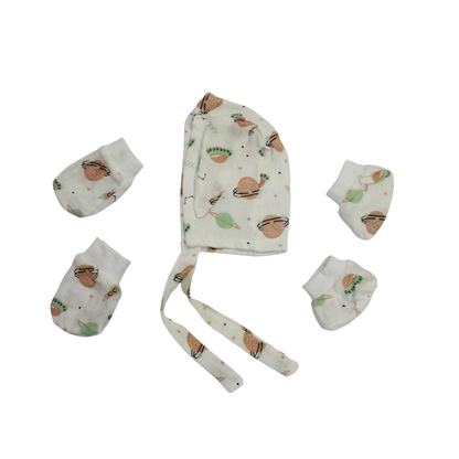 Newborn Muslin Cap, Mittens & Booties Set (Cute space print, combo set)