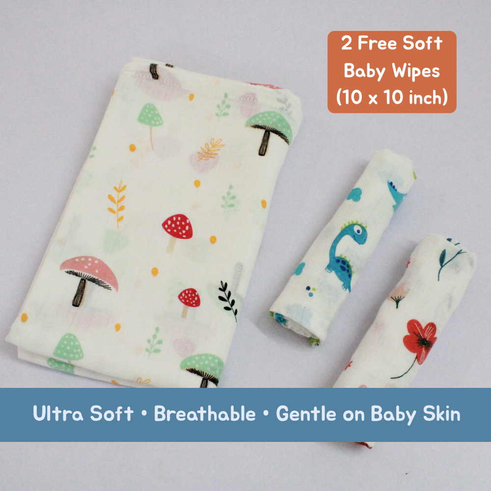 Mushroom Meadow Baby Muslin Towel Set (120 x 100 cm) + 2 Free Wipes (10x10 inch)