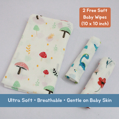 Mushroom Meadow Baby Muslin Towel Set (120 x 100 cm) + 2 Free Wipes (10x10 inch)