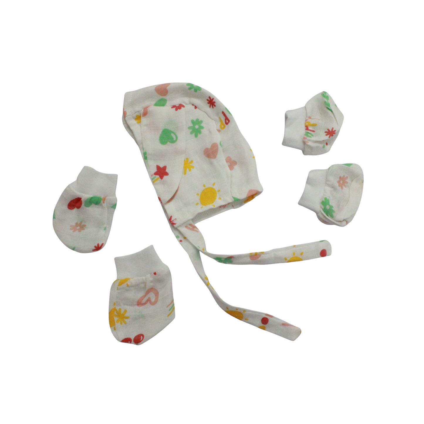 Newborn Muslin Cap, Mittens & Booties Set (Cute little print, combo set)