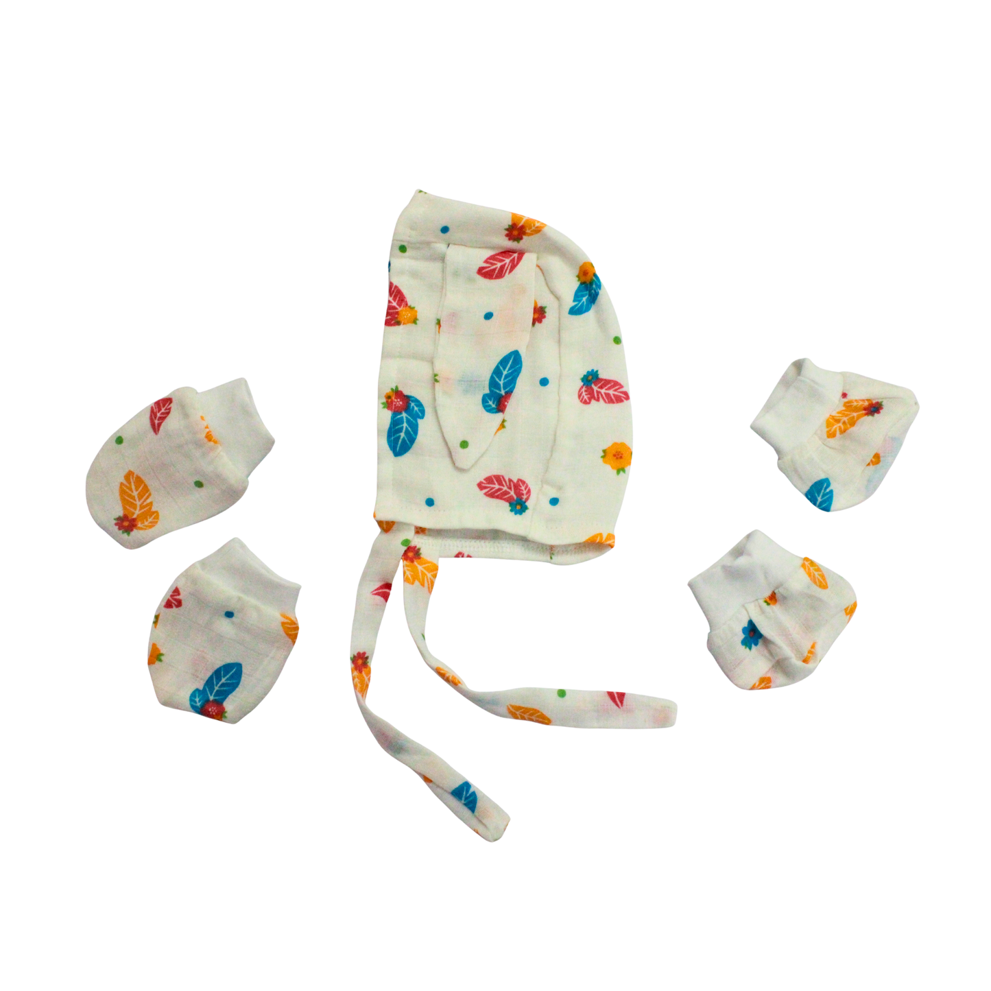 Newborn Muslin Cap, Mittens & Booties Set (colourful leaf Print, combo set)