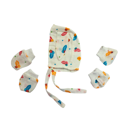 Newborn Muslin Cap, Mittens & Booties Set (colourful leaf Print, combo set)