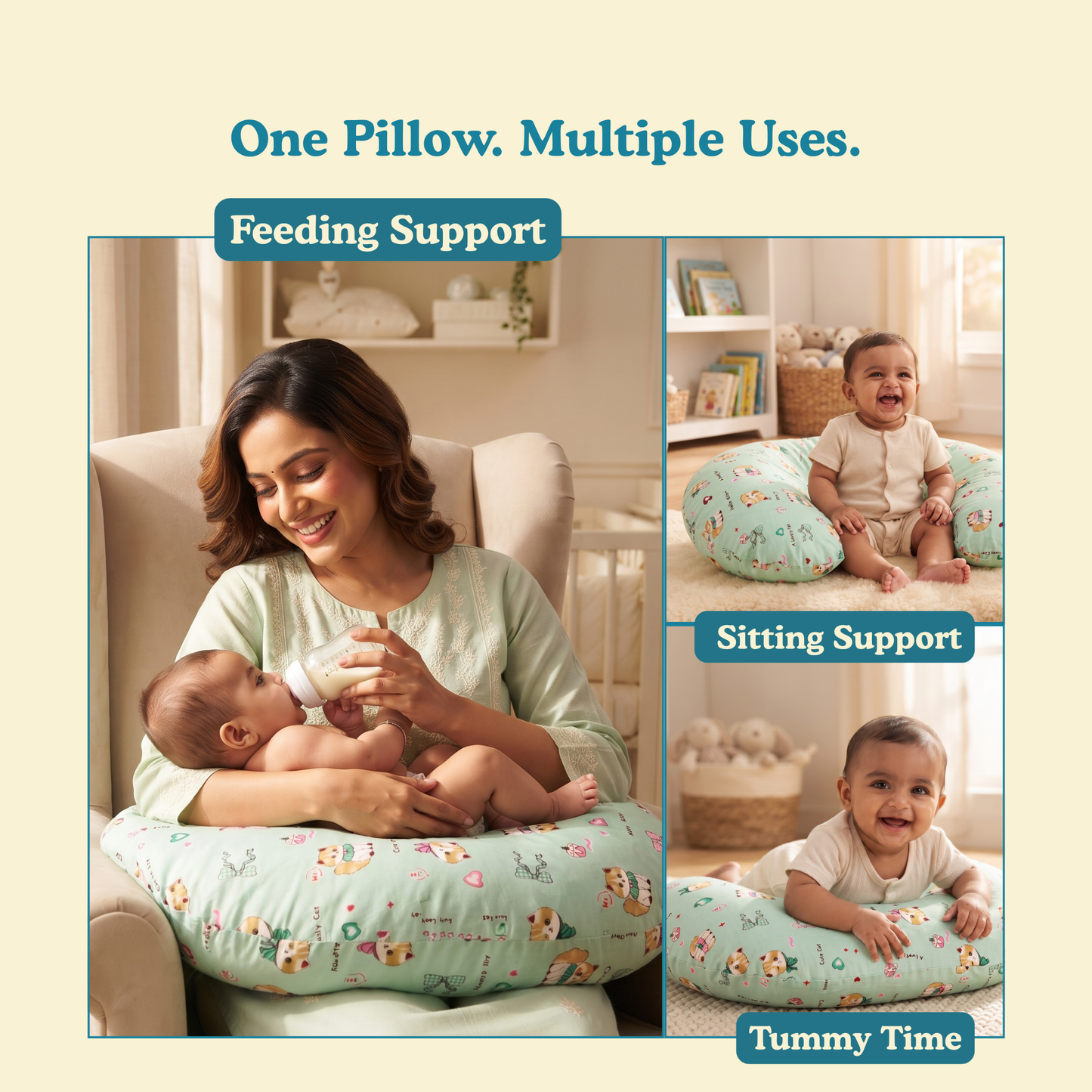 Kitty Bloom Premium Cotton Nursing Pillow for Newborn Baby | Breastfeeding & Feeding Support Cushion | 0–12 Months