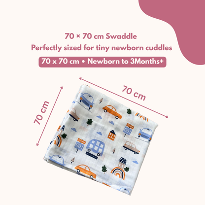 Car & Teddy Bear 100% GOTS Certified | Double Layer Muslin Swaddle (70 x 70 cm, Pack of 2)