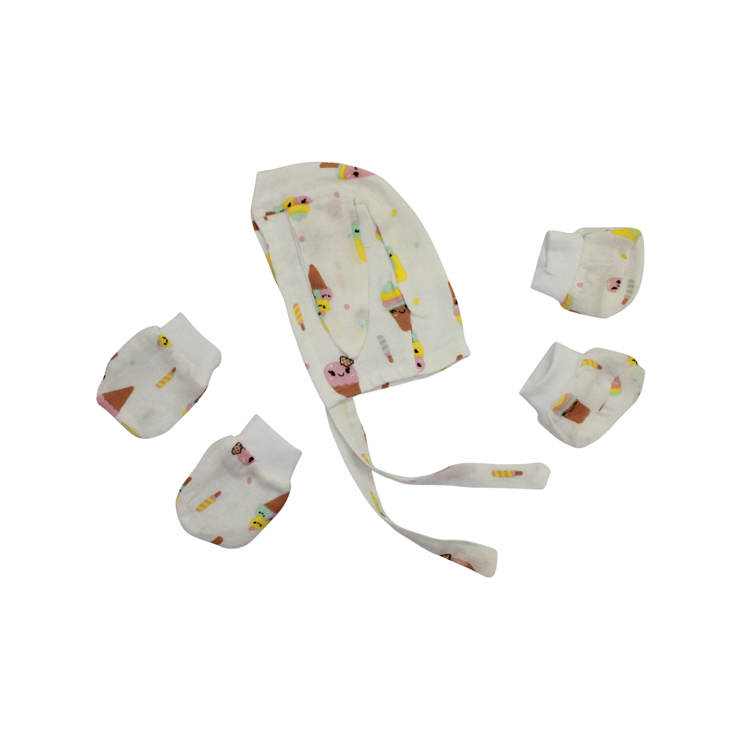 Newborn Muslin Cap, Mittens & Booties Set (ice cream print, combo set)