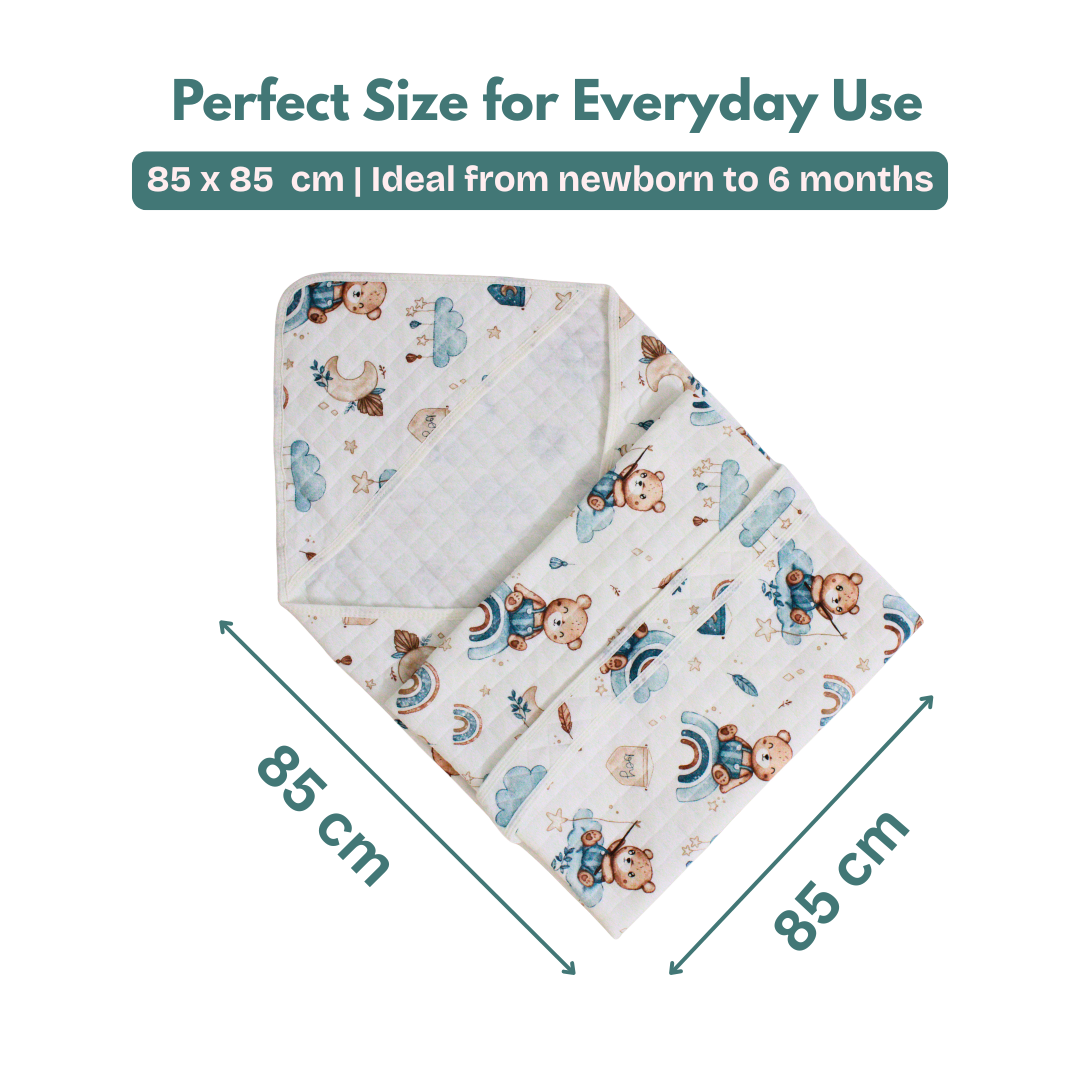 Dreamy Teddy Print – Muslin Quilted Hooded Blanket with Belt | 85 x 85 cm | Pack of 1