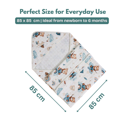 Dreamy Teddy Print – Muslin Quilted Hooded Blanket with Belt | 85 x 85 cm | Pack of 1
