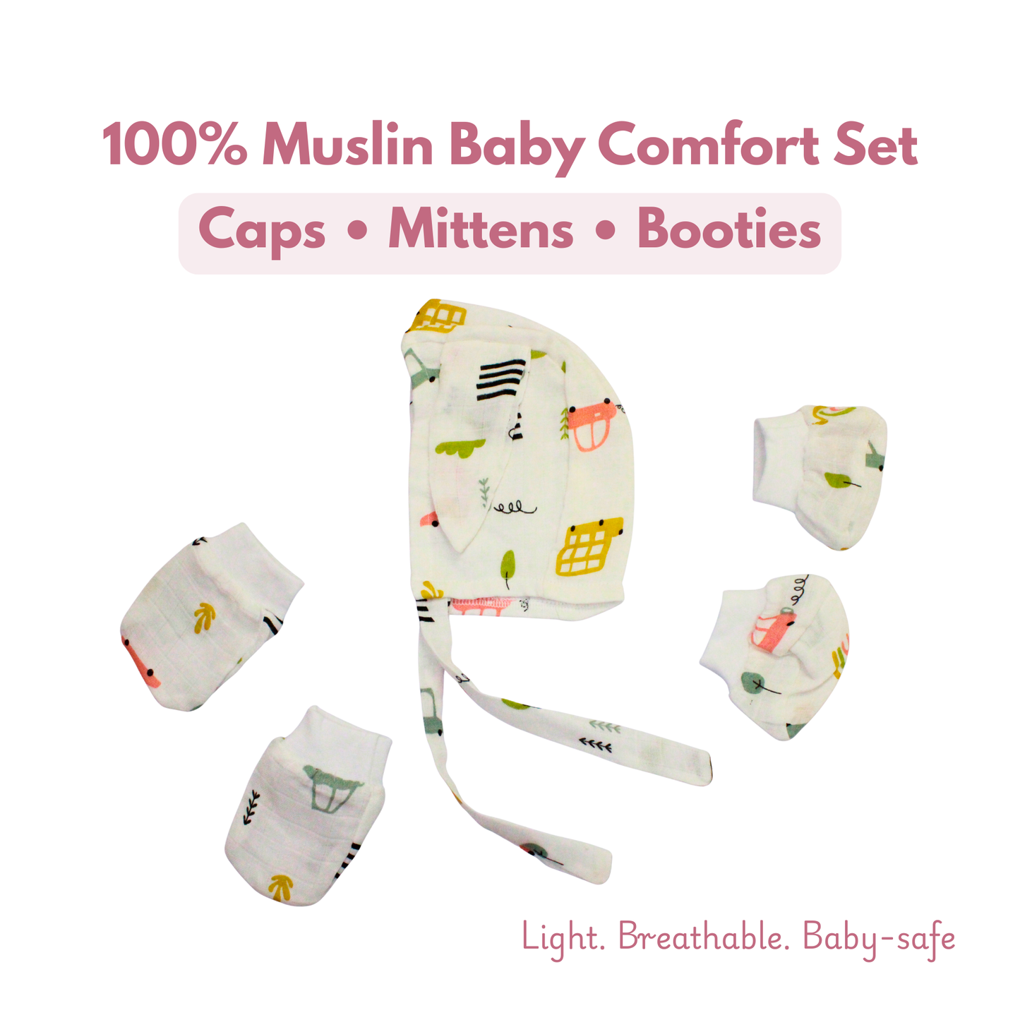 Newborn Muslin Cap, Mittens & Booties Set (Safari Doodle Print, combo set)