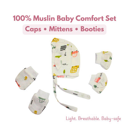 Newborn Muslin Cap, Mittens & Booties Set (Safari Doodle Print, combo set)