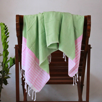 Premium Cotton Bath Towel 150 x 75 cm | Pack of 1 (Green with Pink Striped Border)
