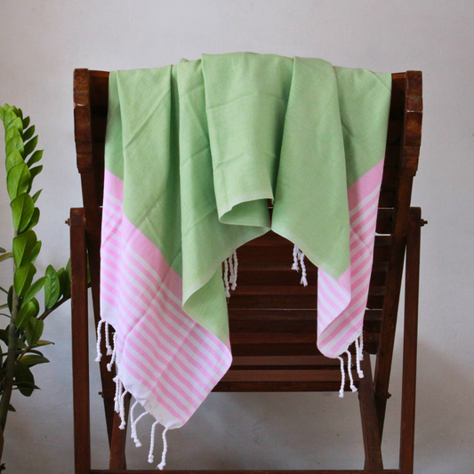 Premium Cotton Bath Towel 150 x 75 cm | Pack of 1 (Green with Pink Striped Border)