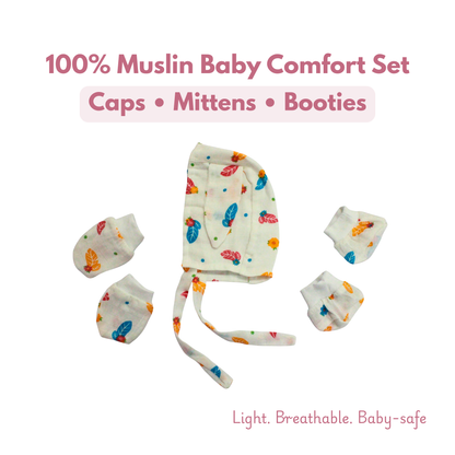 Newborn Muslin Cap, Mittens & Booties Set (colourful leaf Print, combo set)