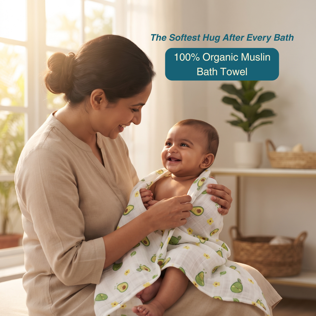 Happy Avocado 100% Organic Muslin Baby Bath Towel (100 × 70 cm)