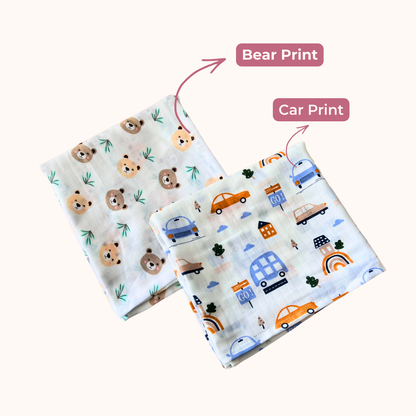 Car & Teddy Bear 100% GOTS Certified | Double Layer Muslin Swaddle (70 x 70 cm, Pack of 2)