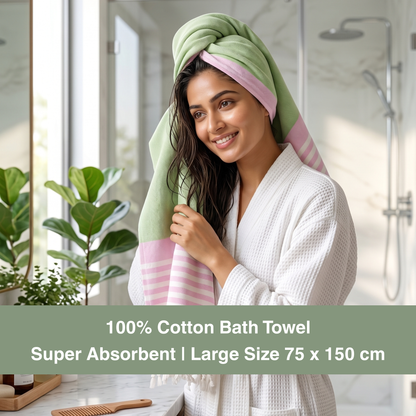 Premium Cotton Bath Towel 150 x 75 cm | Pack of 1 (Green with Pink Striped Border)