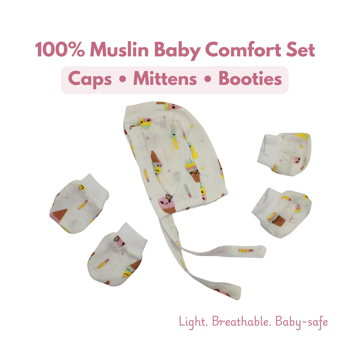 Newborn Muslin Cap, Mittens & Booties Set (ice cream print, combo set)