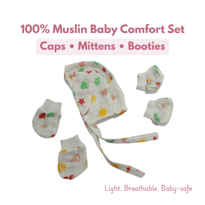 Newborn Muslin Cap, Mittens & Booties Set (Cute little print, combo set)