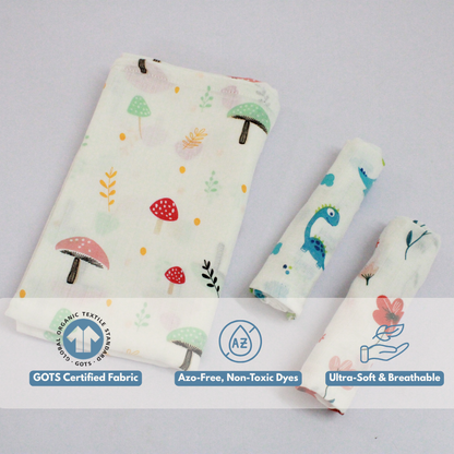 Mushroom Meadow Baby Muslin Towel Set (120 x 100 cm) + 2 Free Wipes (10x10 inch)
