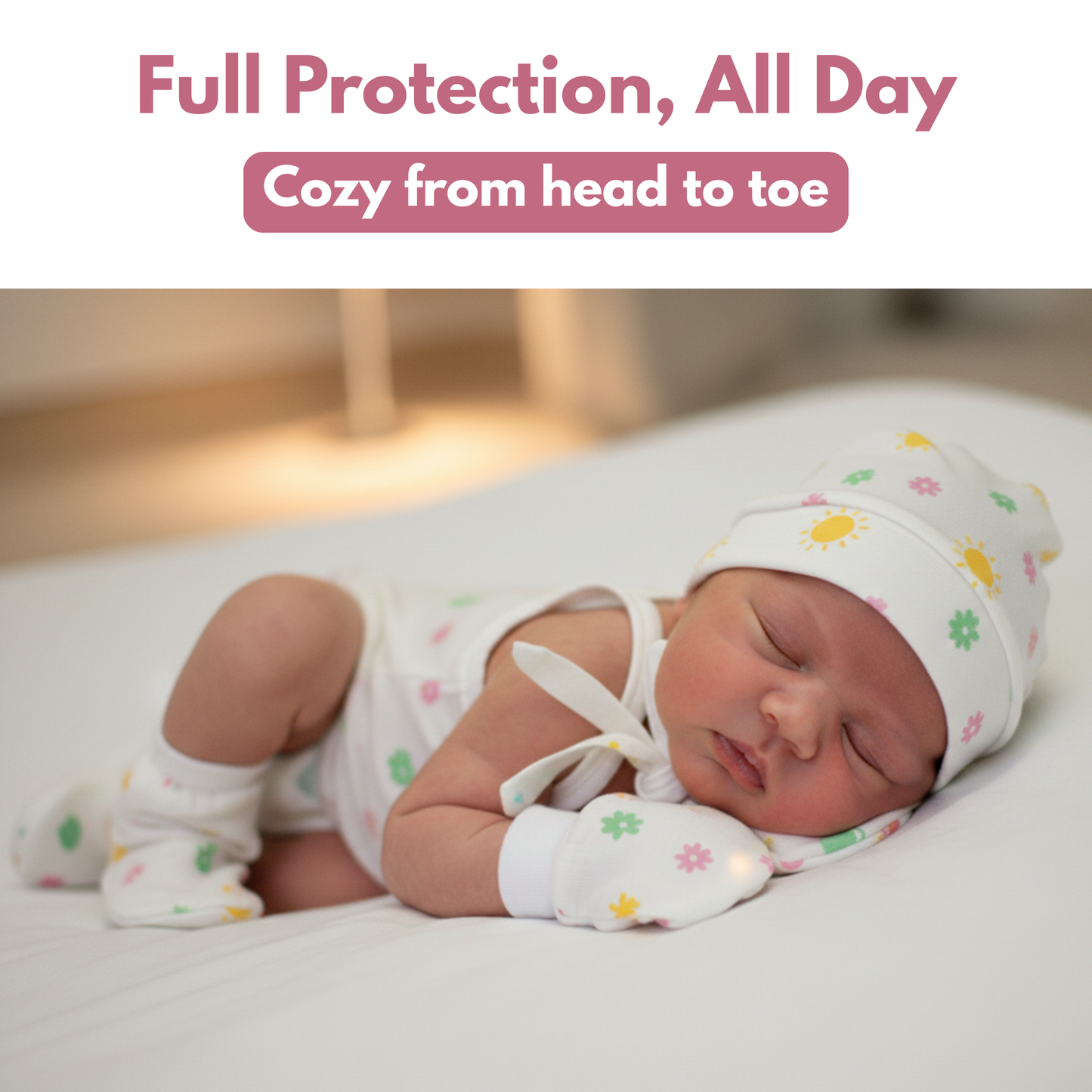 Newborn Muslin Cap, Mittens & Booties Set (Cute little print, combo set)