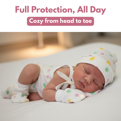 Newborn Muslin Cap, Mittens & Booties Set (Cute little print, combo set)