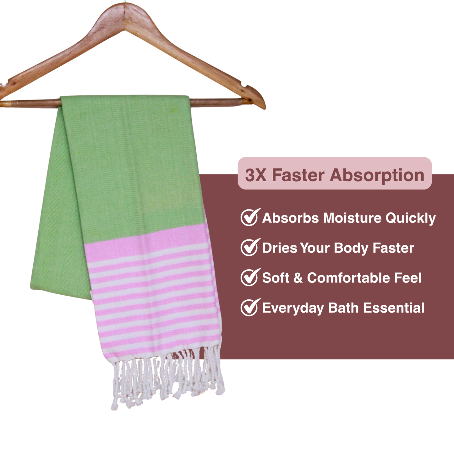Premium Cotton Bath Towel 150 x 75 cm | Pack of 1 (Green with Pink Striped Border)