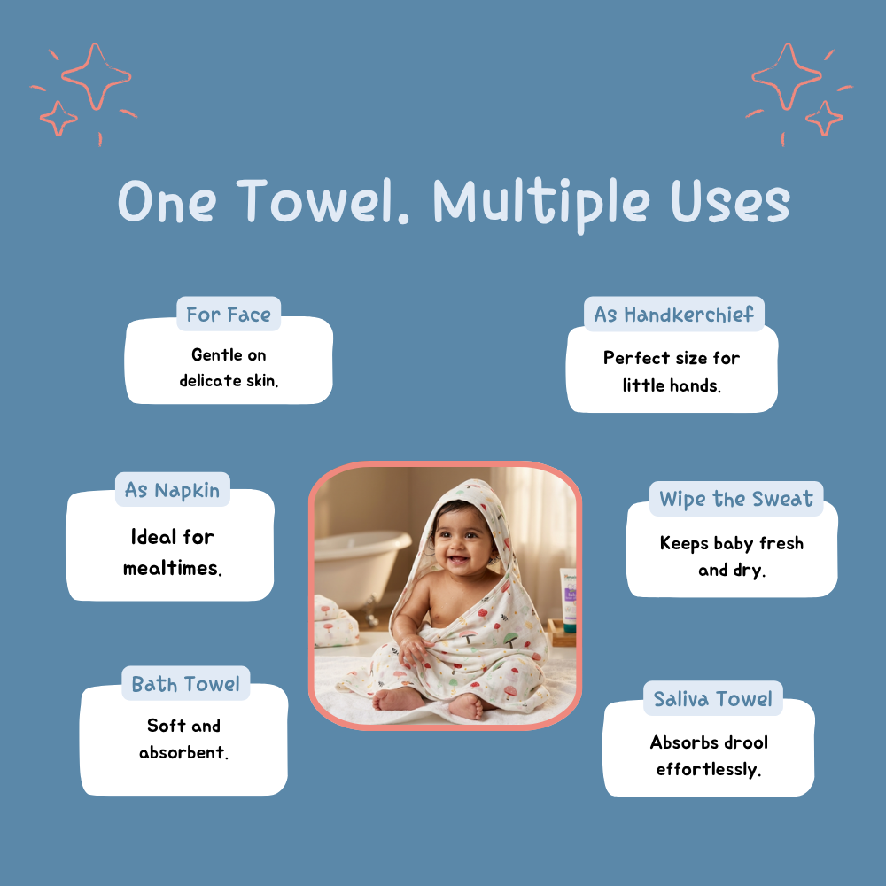 Mushroom Meadow Baby Muslin Towel Set (120 x 100 cm) + 2 Free Wipes (10x10 inch)