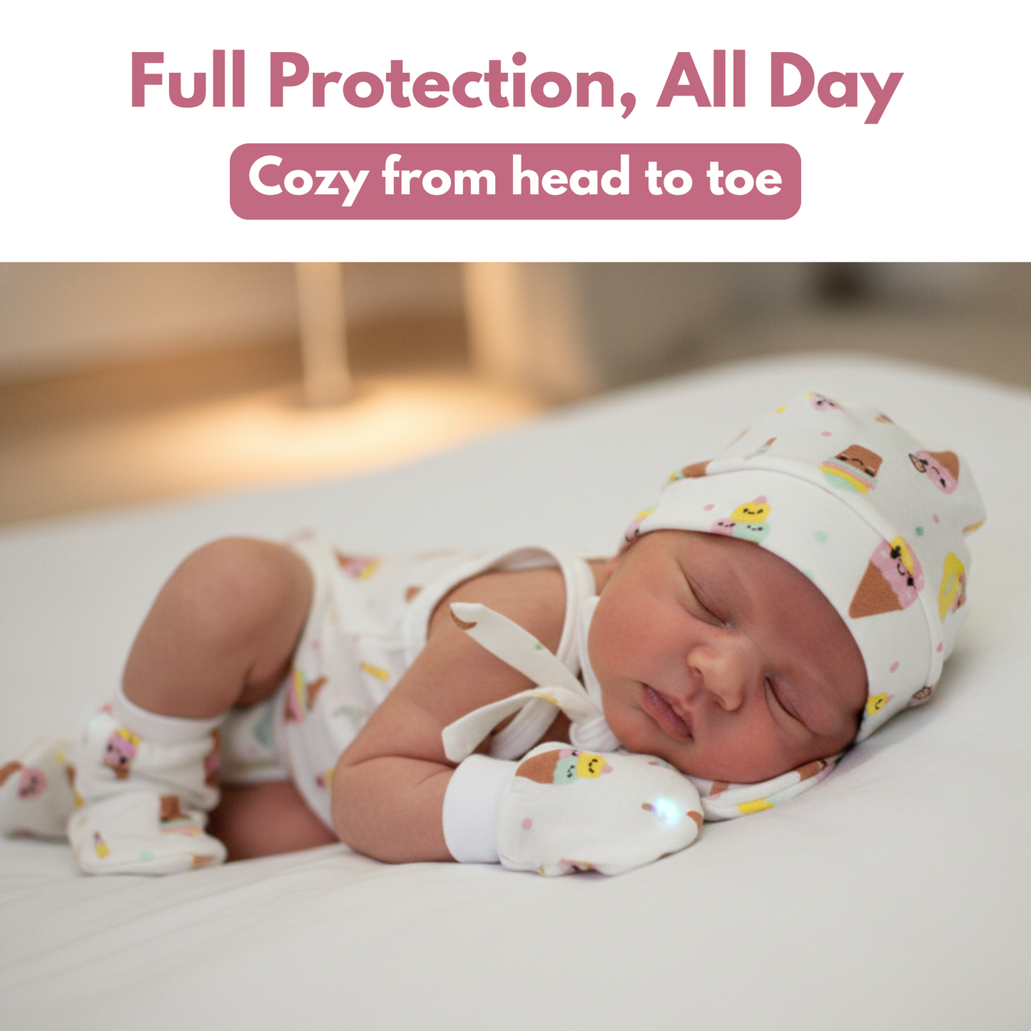 Newborn Muslin Cap, Mittens & Booties Set (ice cream print, combo set)