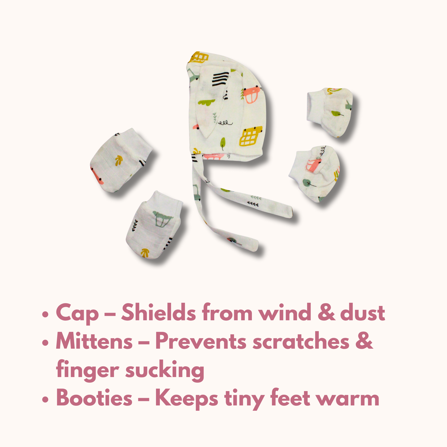 Newborn Muslin Cap, Mittens & Booties Set (Safari Doodle Print, combo set)