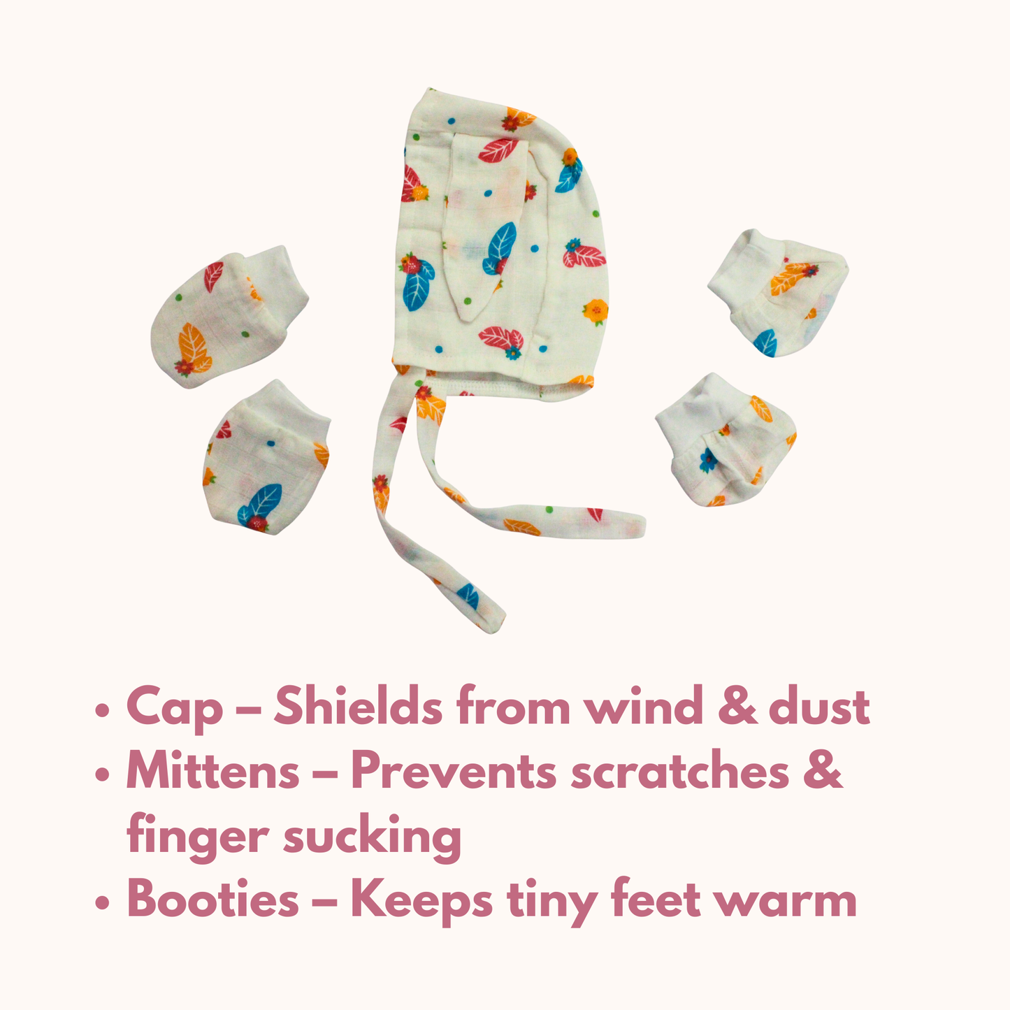 Newborn Muslin Cap, Mittens & Booties Set (colourful leaf Print, combo set)