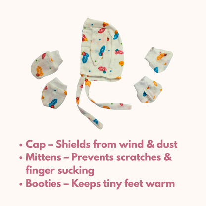 Newborn Muslin Cap, Mittens & Booties Set (colourful leaf Print, combo set)