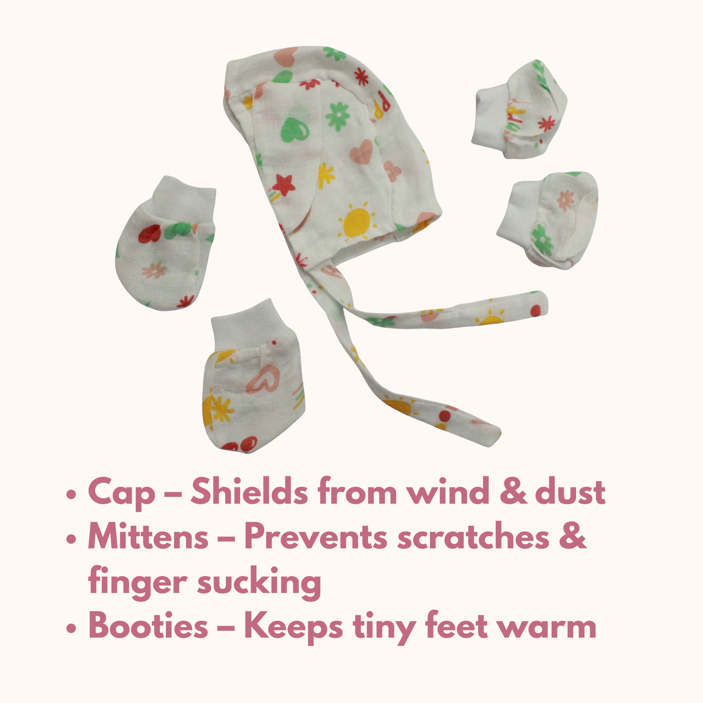 Newborn Muslin Cap, Mittens & Booties Set (Cute little print, combo set)