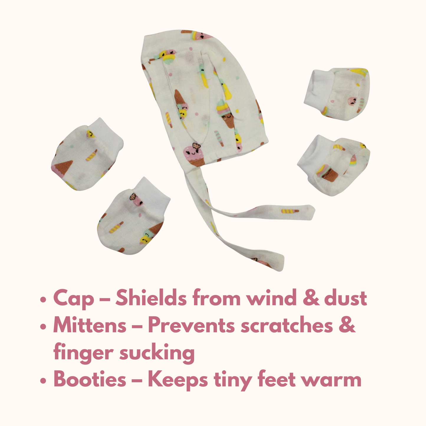 Newborn Muslin Cap, Mittens & Booties Set (ice cream print, combo set)