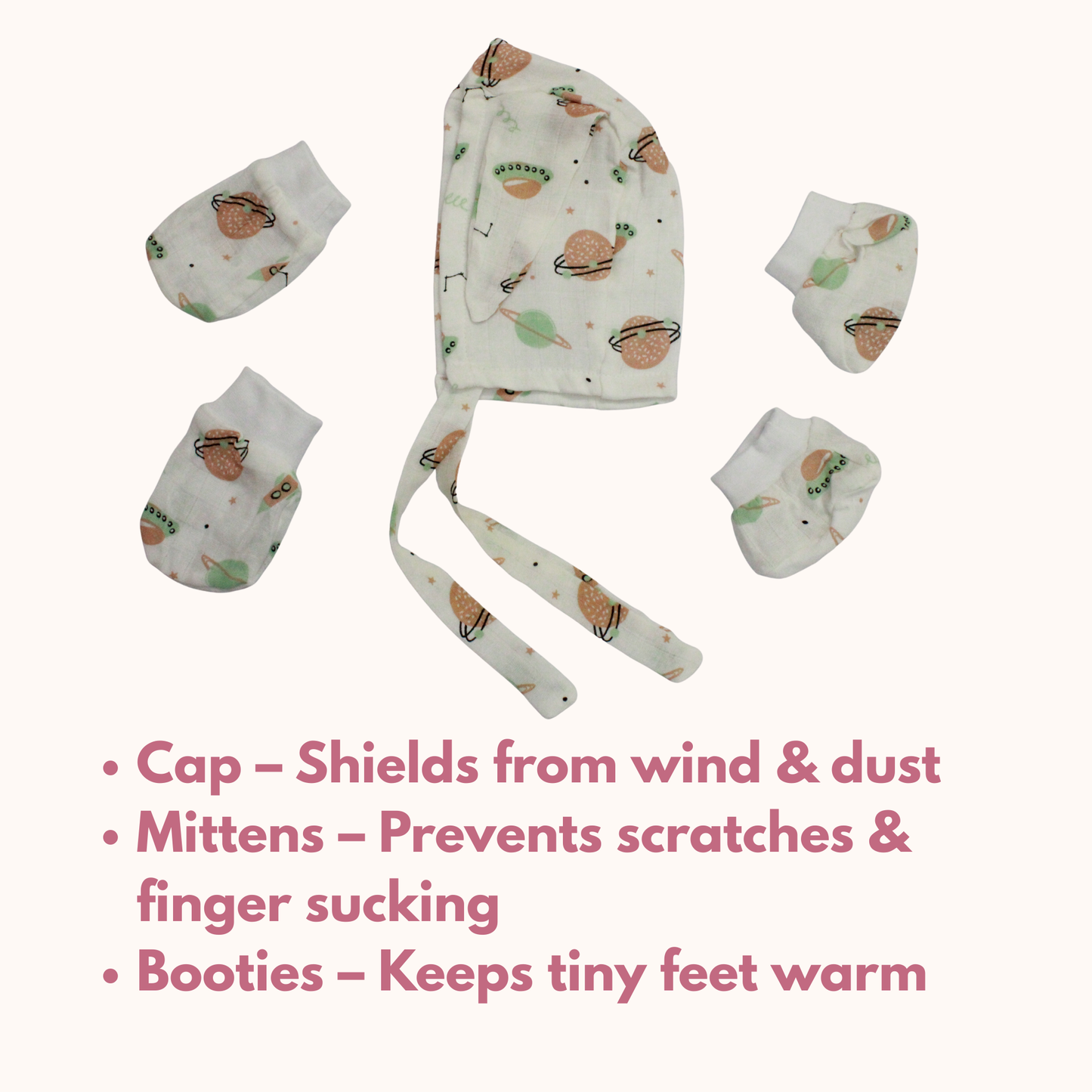 Newborn Muslin Cap, Mittens & Booties Set (Cute space print, combo set)