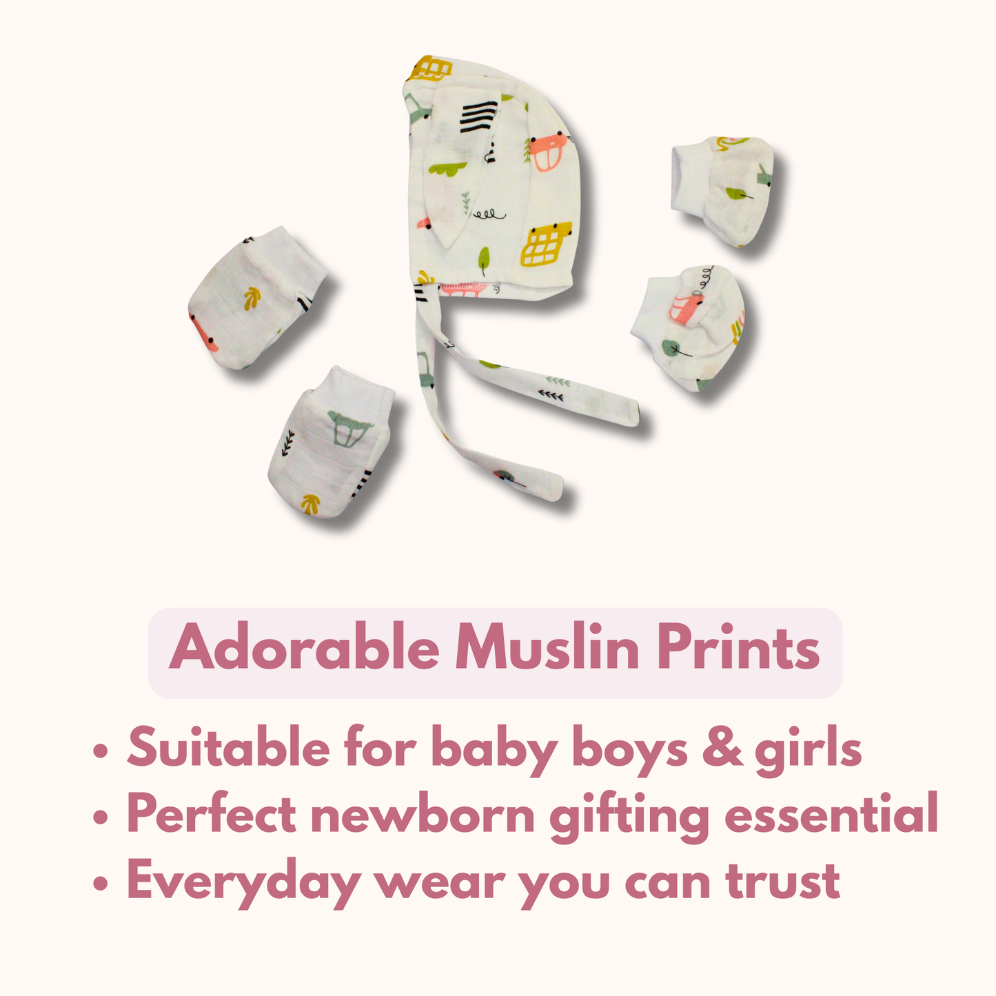 Newborn Muslin Cap, Mittens & Booties Set (Safari Doodle Print, combo set)