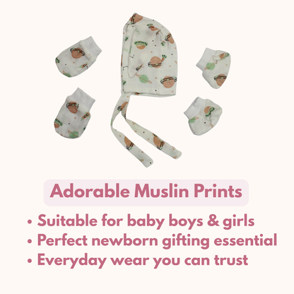 Newborn Muslin Cap, Mittens & Booties Set (Cute space print, combo set)