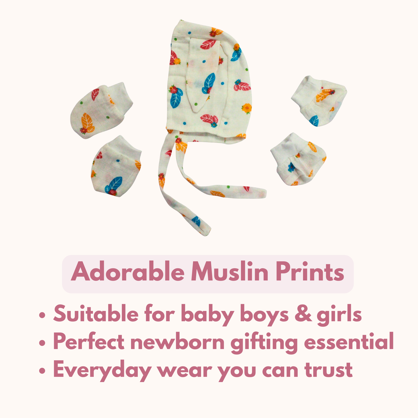 Newborn Muslin Cap, Mittens & Booties Set (colourful leaf Print, combo set)
