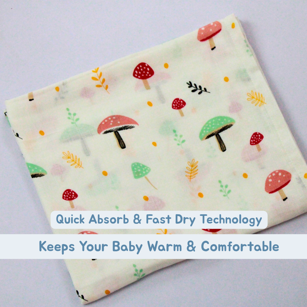 Mushroom Meadow Baby Muslin Towel Set (120 x 100 cm) + 2 Free Wipes (10x10 inch)