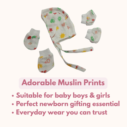 Newborn Muslin Cap, Mittens & Booties Set (Cute little print, combo set)