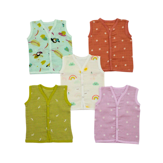 100% Cotton Muslin Button colour Jabla for Newborns & Infants | Pack of 5