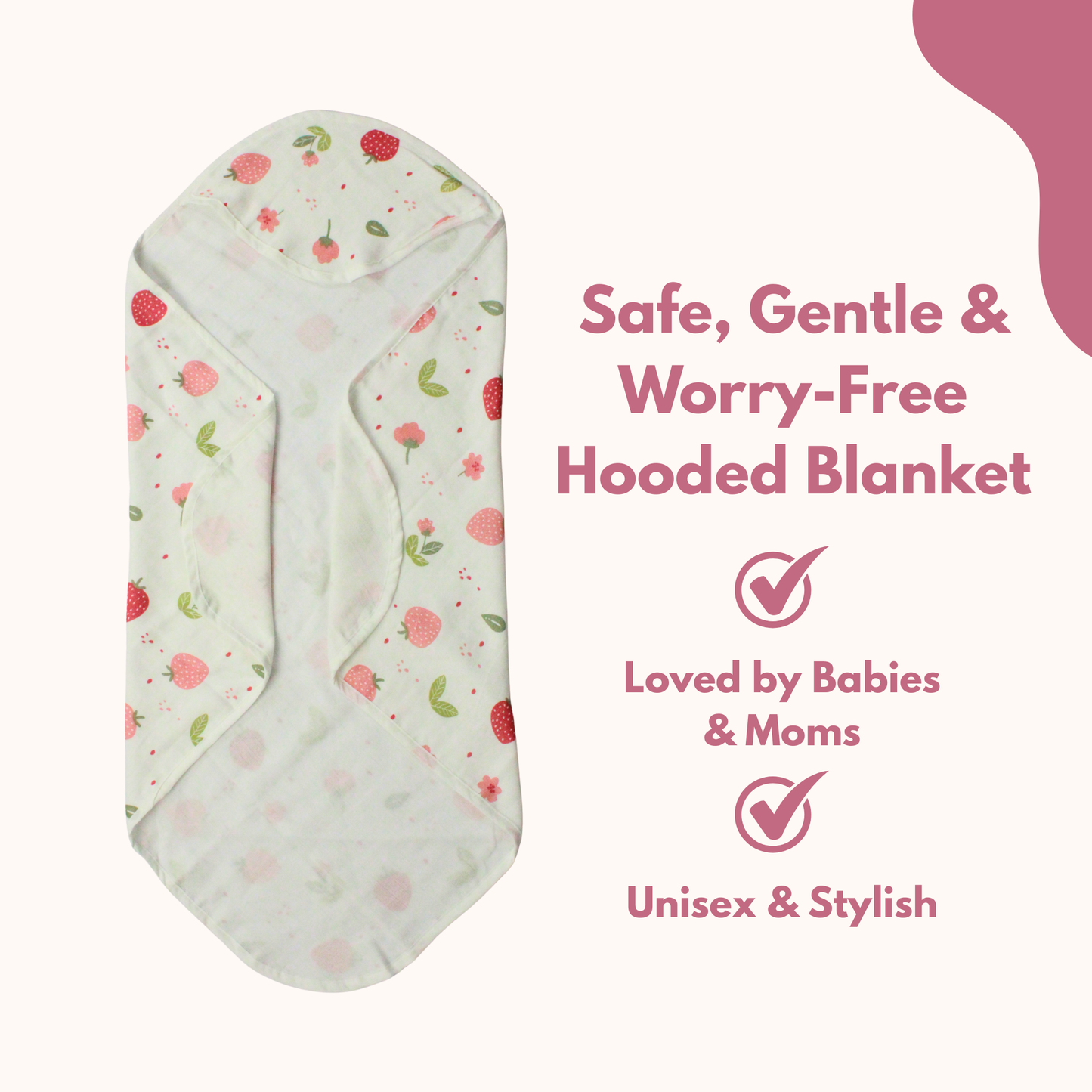 Muslin Hooded Blanket for Newborn Baby (strawberry print, 75 x 75 cm, pack of 1)